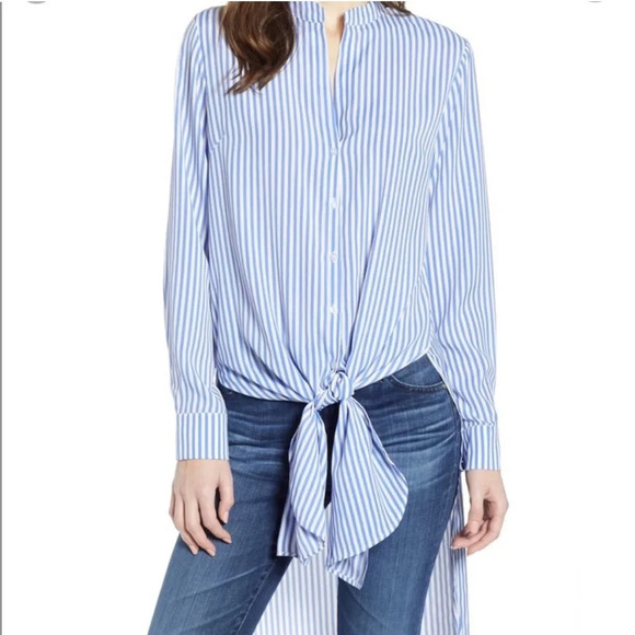 Bishop + Young Devin Chambray Striped Tie Front Button Down Tunic - Picture 1 of 10